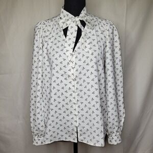 LOFT Black Bow &‎ Polka Dot Tie Neck Button Front Blouse Top